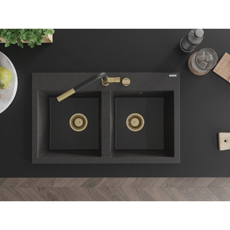 Mexen Hektor évier en granit 2 cuves 800 x 480 mm, noir moucheté, siphon doré - 6521802000-76-G