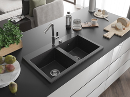 Mexen Hektor évier en granit 2 bacs 800 x 480 mm, noir moucheté, siphon chromé - 6521802000-76