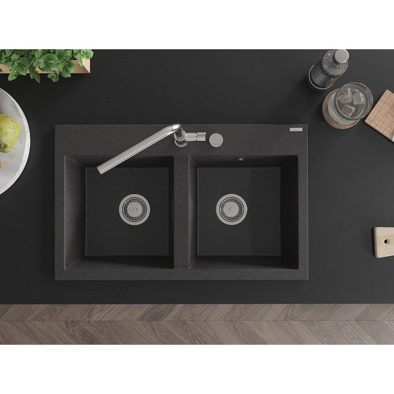 Mexen Hektor évier en granit à 2 bacs 800 x 480 mm, noir moucheté, siphon chromé - 6521802000-76