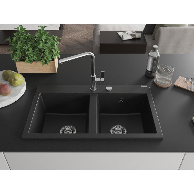 Mexen Hektor évier en granit à 2 bacs 800 x 480 mm, noir, siphon chromé - 6521802000-77