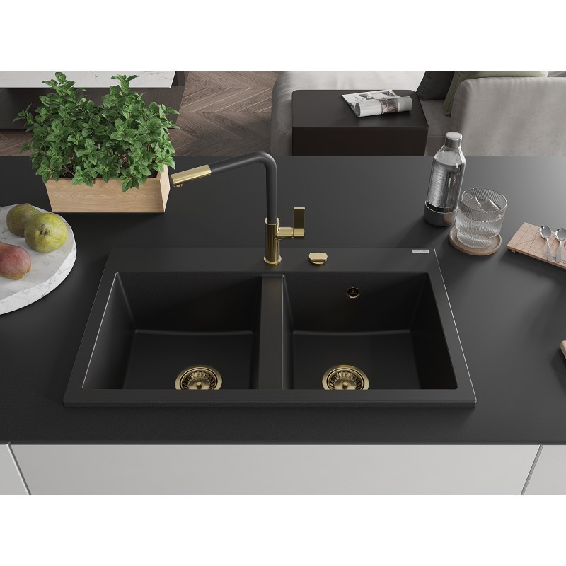 Mexen Hektor évier en granit 2 bacs 800 x 480 mm, noir, siphon doré - 6521802000-77-G