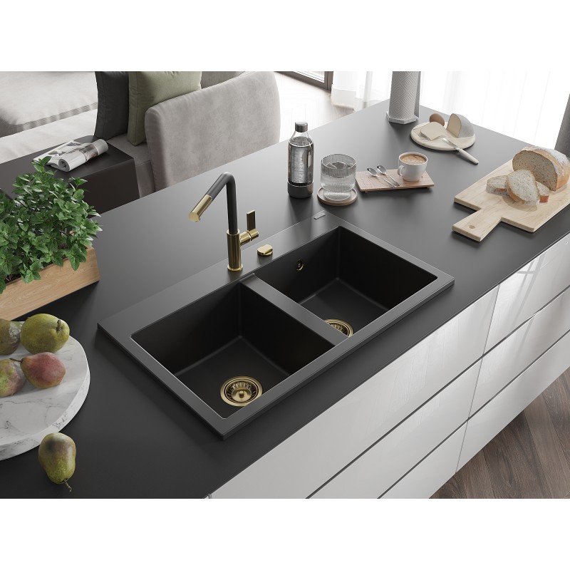 Mexen Hektor évier en granit 2 bacs 800 x 480 mm, noir, siphon doré - 6521802000-77-G