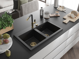 Mexen Hektor évier en granit 2 bacs 800 x 480 mm, noir, siphon doré - 6521802000-77-G