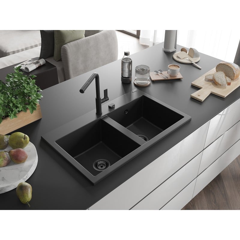 Mexen Hektor évier en granit 2 bacs 800 x 480 mm, noir, siphon noir - 6521802000-77-B