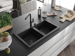 Mexen Hektor évier en granit 2 bacs 800 x 480 mm, noir, siphon noir - 6521802000-77-B