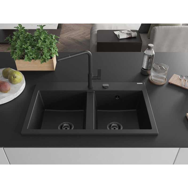 Mexen Hektor évier en granit 2 bacs 800 x 480 mm, noir, siphon noir - 6521802000-77-B