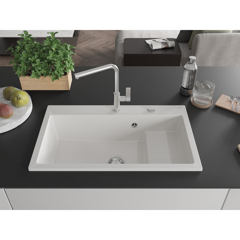 Mexen Omar évier de cuisine en granit 1 bac 800 x 480 mm, blanc, siphon chromé - 6520801005-20