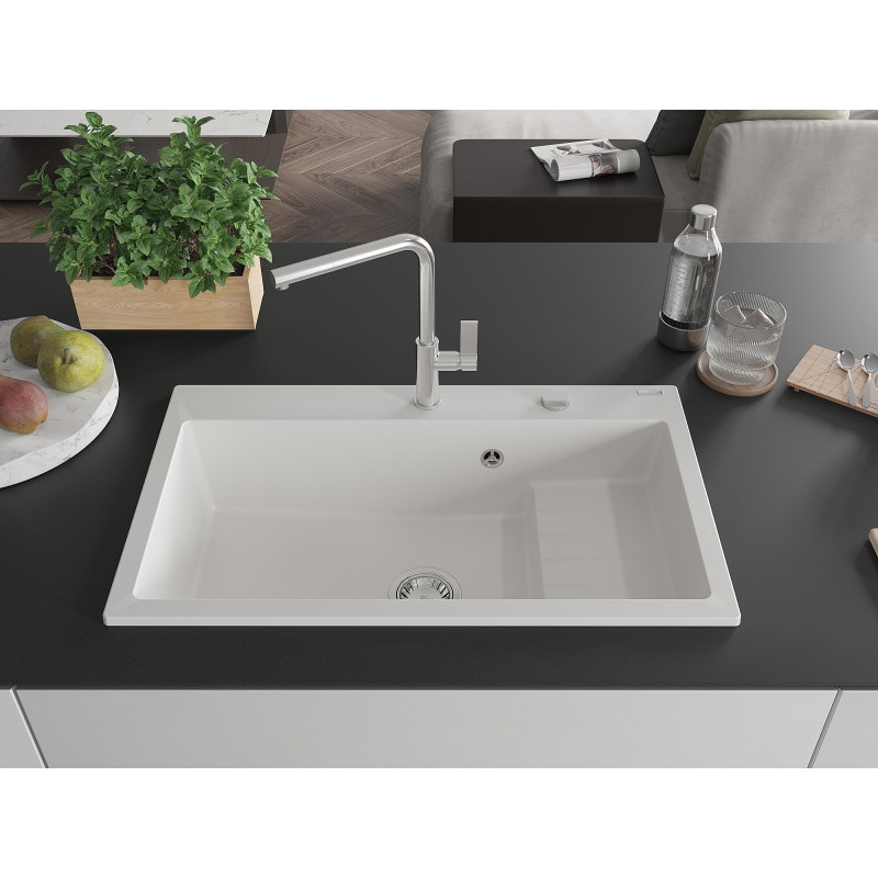 Mexen Omar évier en granit à 1 bac 800 x 480 mm, blanc, siphon chromé - 6520801005-20