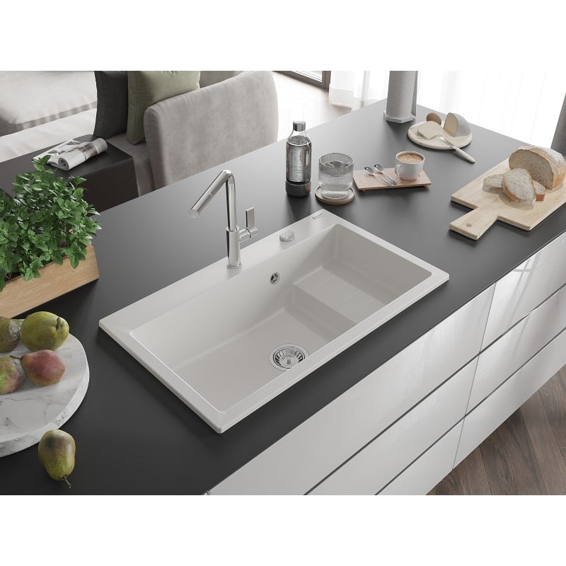 Mexen Omar évier de cuisine en granit 1 bac 800 x 480 mm, blanc, siphon chromé - 6520801005-20