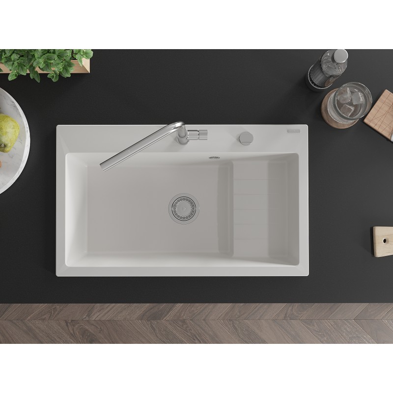 Mexen Omar évier de cuisine en granit 1 bac 800 x 480 mm, blanc, siphon chromé - 6520801005-20