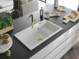 Mexen Omar évier de cuisine en granit 1 bac 800 x 480 mm, blanc, siphon doré - 6520801005-20-G