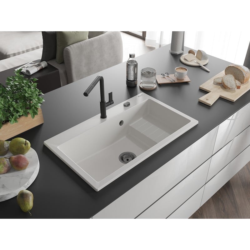 Mexen Omar évier en granit 1 bac 800 x 480 mm, blanc, siphon noir - 6520801005-20-B