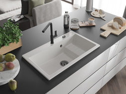 Mexen Omar évier en granit 1 bac 800 x 480 mm, blanc, siphon noir - 6520801005-20-B