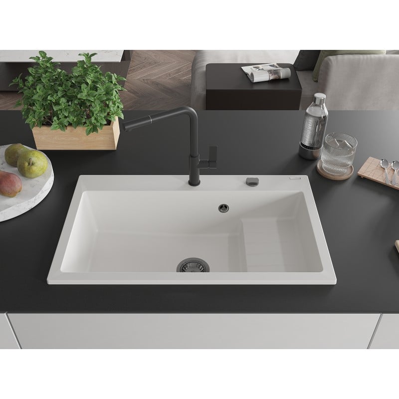 Mexen Omar évier en granit 1 bac 800 x 480 mm, blanc, siphon noir - 6520801005-20-B