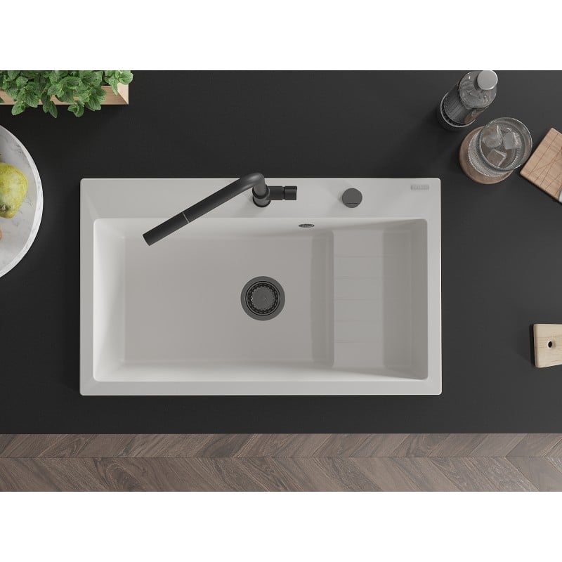 Mexen Omar évier en granit 1 bac 800 x 480 mm, blanc, siphon noir - 6520801005-20-B