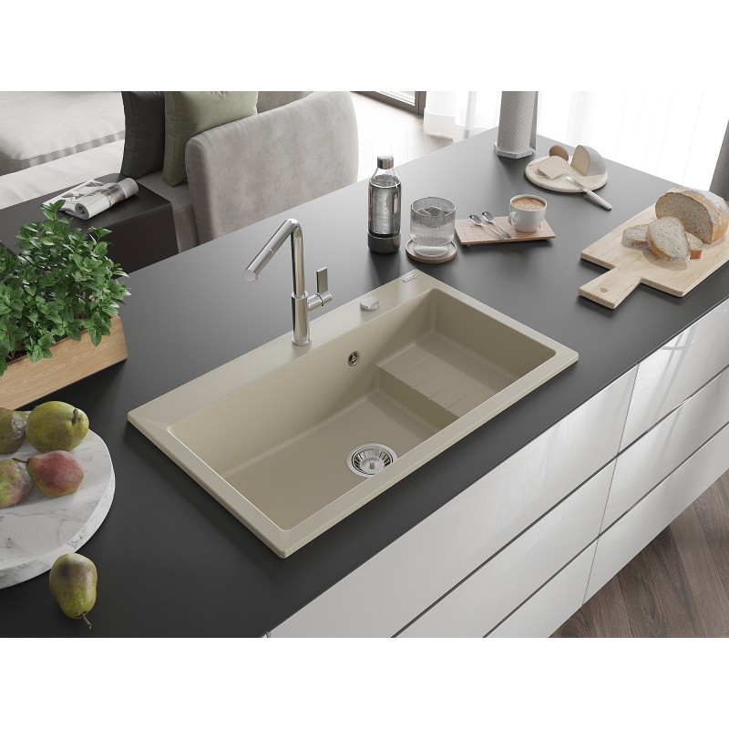 Mexen Omar évier en granit 1 bac 800 x 480 mm, beige, siphon chromé - 6520801005-69
