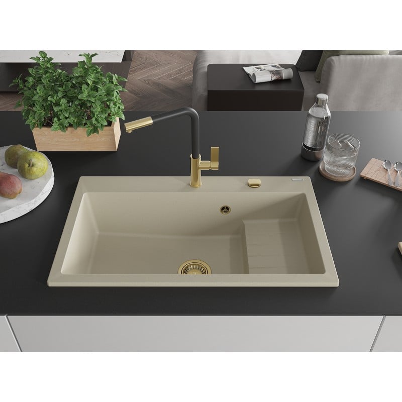 Mexen Omar évier en granit 1 bac 800 x 480 mm, beige, siphon doré - 6520801005-69-G