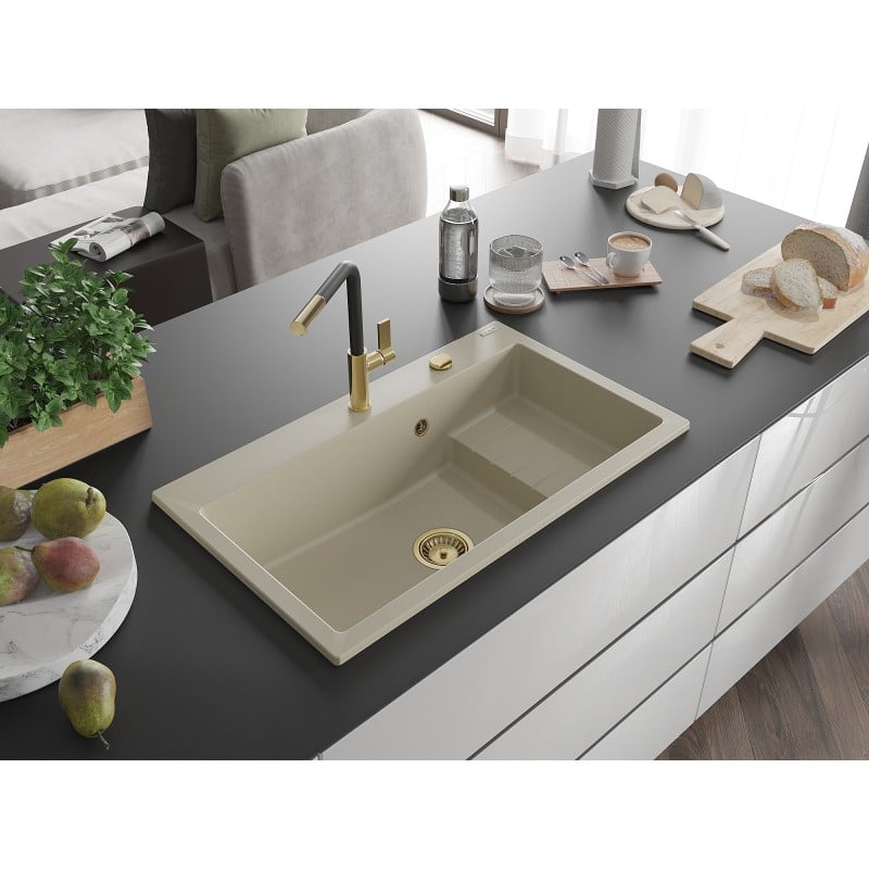 Mexen Omar évier en granit 1 bac 800 x 480 mm, beige, siphon doré - 6520801005-69-G