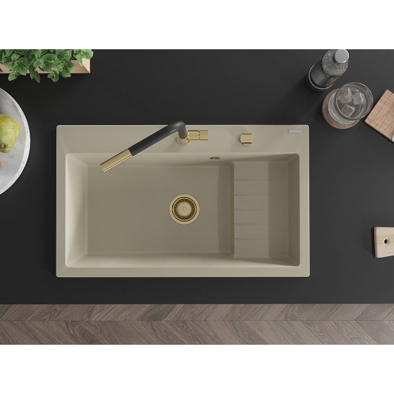 Mexen Omar évier en granit 1 bac 800 x 480 mm, beige, siphon doré - 6520801005-69-G