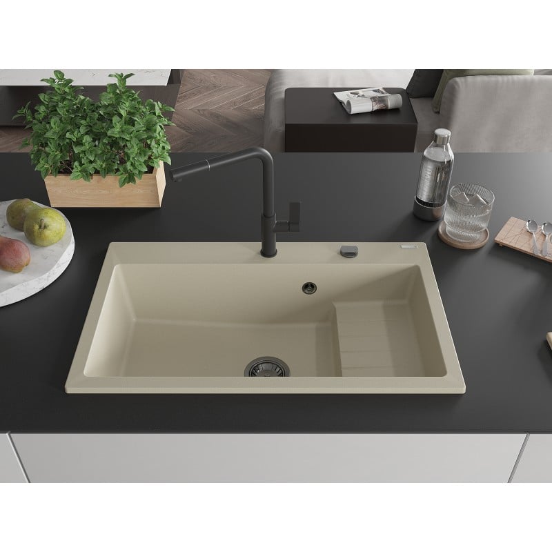 Mexen Omar évier en granit 1 bac 800 x 480 mm, beige, siphon noir - 6520801005-69-B