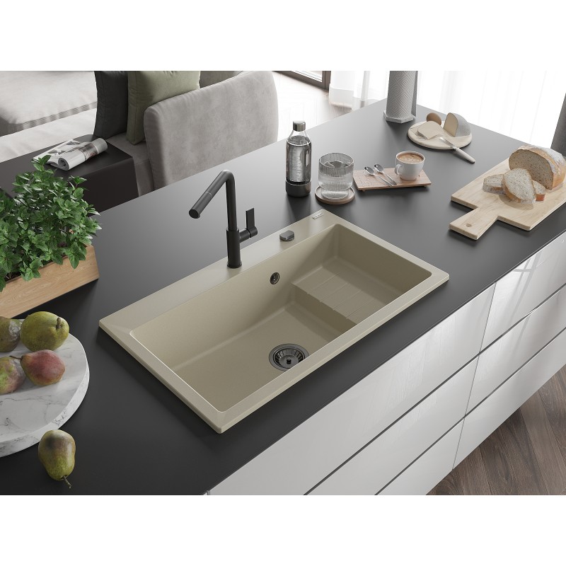 Mexen Omar évier en granit 1 bac 800 x 480 mm, beige, siphon noir - 6520801005-69-B
