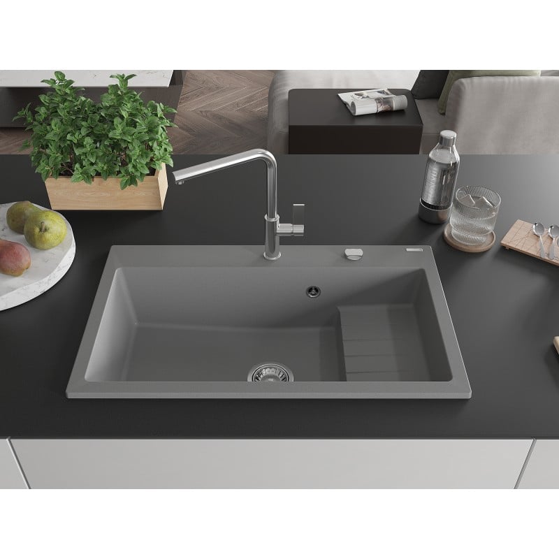 Mexen Omar évier en granit 1 bac 800 x 480 mm, gris, siphon chromé - 6520801005-71