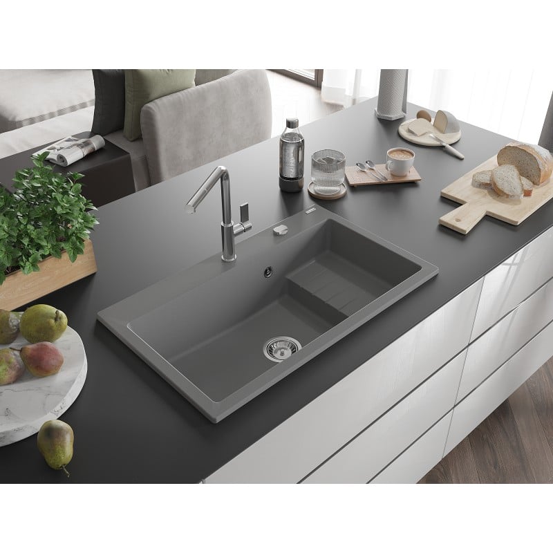 Mexen Omar évier en granit 1 bac 800 x 480 mm, gris, siphon chromé - 6520801005-71