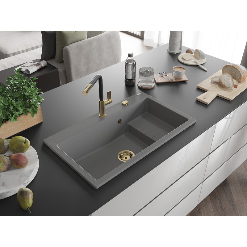 Mexen Omar évier en granit 1 cuve 800 x 480 mm, gris, siphon doré - 6520801005-71-G