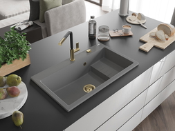 Mélangeur Mexen Omar évier de cuisine en granit à 1 bac 800 x 480 mm, gris, siphon doré - 6520801005-71-G