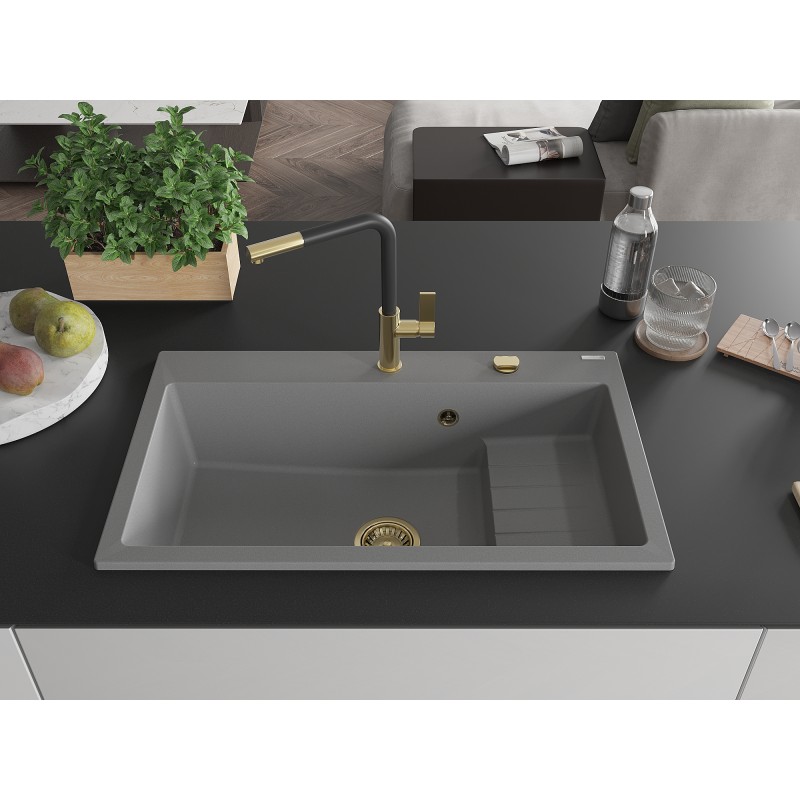 Mexen Omar évier en granit 1 cuve 800 x 480 mm, gris, siphon doré - 6520801005-71-G