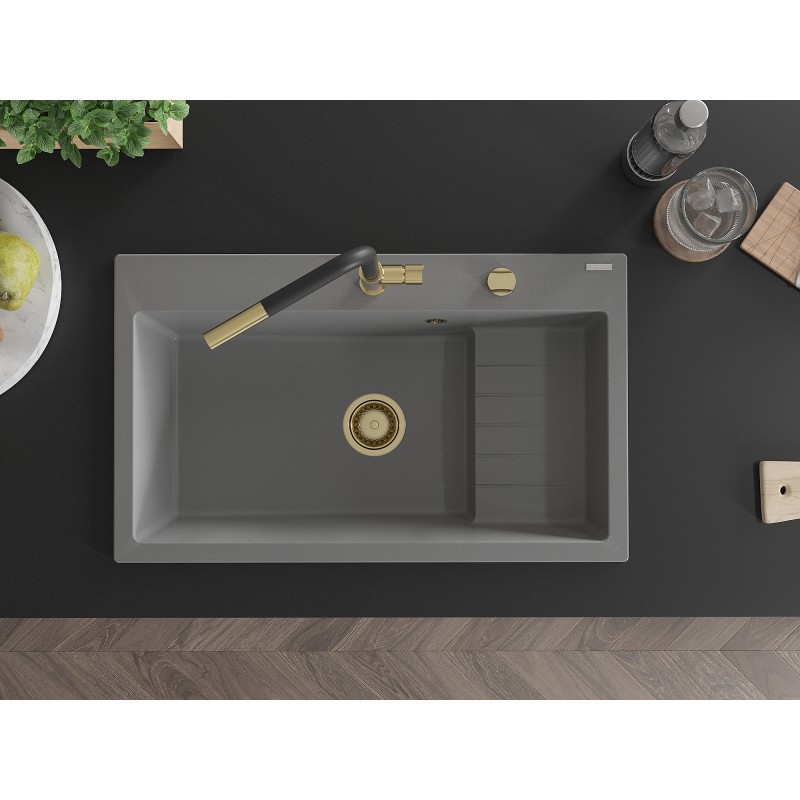 Mexen Omar évier en granit 1 cuve 800 x 480 mm, gris, siphon doré - 6520801005-71-G