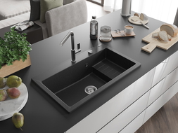 Mexen Omar évier en granit 1 bac 800 x 480 mm, noir/métallisé argenté, siphon chromé - 6520801005-73