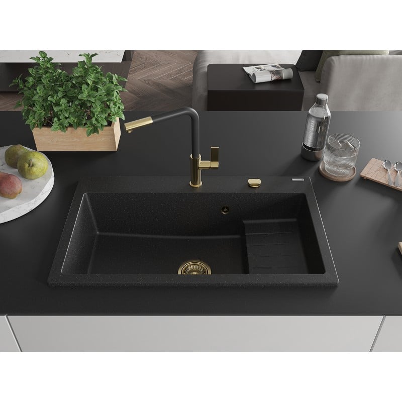 Mexen Omar évier en granit 1 bac 800 x 480 mm, noir/argent métallisé, siphon doré - 6520801005-73-G