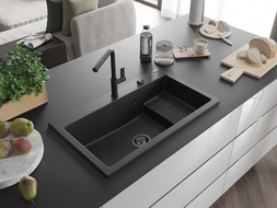 Mexen Omar évier granit 1 bac 800 x 480 mm, noir/argent métallisé, siphon noir - 6520801005-73-B