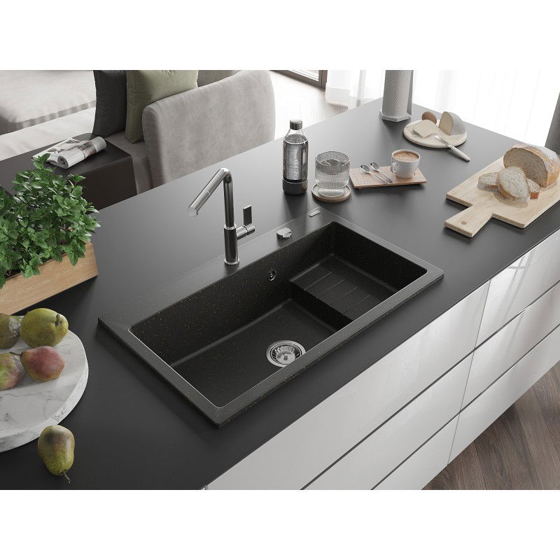 Mexen Omar évier en granit 1 cuve 800 x 480 mm, noir/or métallique, siphon chromé - 6520801005-75