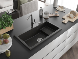 Mexen Omar évier en granit 1 bac 800 x 480 mm, noir/doré métallisé, siphon chromé - 6520801005-75