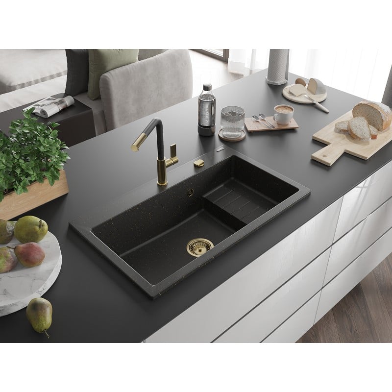 Mexen Omar évier en granit 1 bac 800 x 480 mm, noir/doré métallisé, siphon doré - 6520801005-75-G