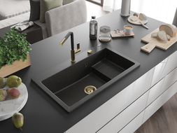 Mexen Omar évier en granit 1-bac 800 x 480 mm, noir/doré métallisé, siphon doré - 6520801005-75-G
