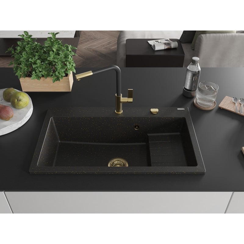 Mexen Omar évier en granit 1 bac 800 x 480 mm, noir/doré métallisé, siphon doré - 6520801005-75-G