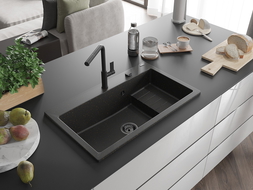 Mexen Omar évier en granit 1 bac 800 x 480 mm, noir/doré métallisé, siphon noir - 6520801005-75-B