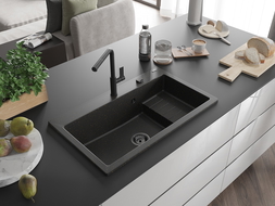 Mexen Omar évier en granit 1 bac 800 x 480 mm, noir/or métallique, siphon noir - 6520801005-75-B