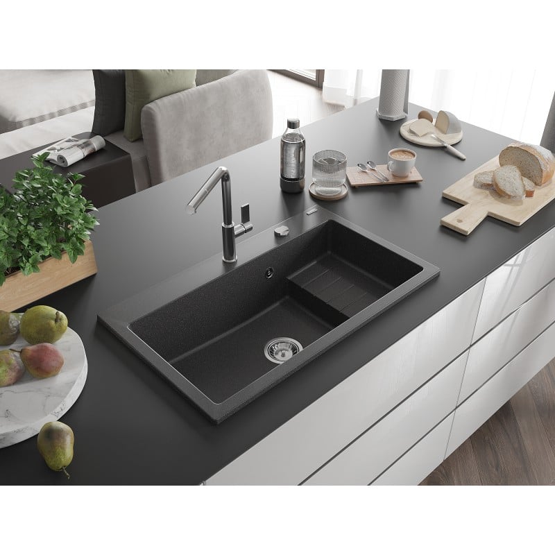 Mexen Omar évier en granit 1 bac 800 x 480 mm, noir moucheté, siphon chromé - 6520801005-76