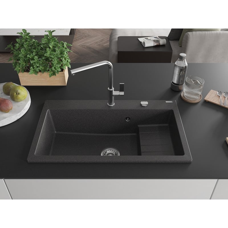 Mexen Omar évier en granit 1 bac 800 x 480 mm, noir moucheté, siphon chromé - 6520801005-76