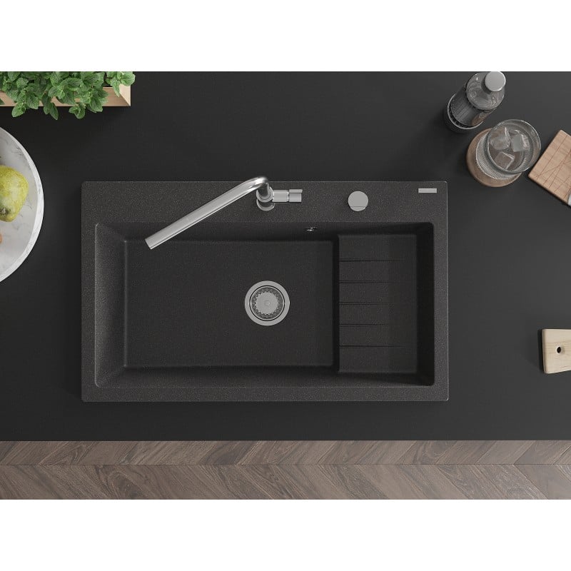 Mexen Omar évier en granit 1 bac 800 x 480 mm, noir moucheté, siphon chromé - 6520801005-76
