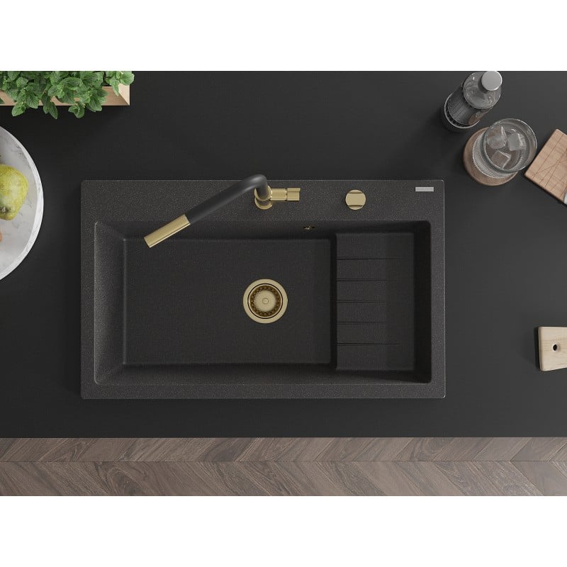Mexen Omar évier en granit 1 bac 800 x 480 mm, noir moucheté, siphon doré - 6520801005-76-G