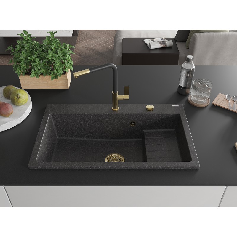 Mexen Omar évier en granit 1 bac 800 x 480 mm, noir moucheté, siphon doré - 6520801005-76-G
