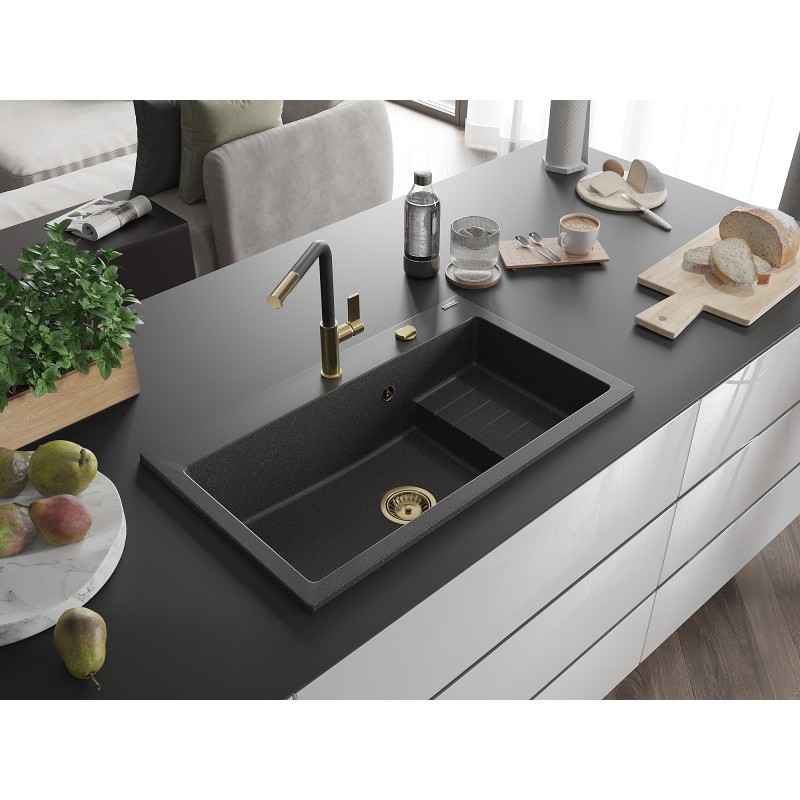 Mexen Omar évier en granit 1 bac 800 x 480 mm, noir moucheté, siphon doré - 6520801005-76-G