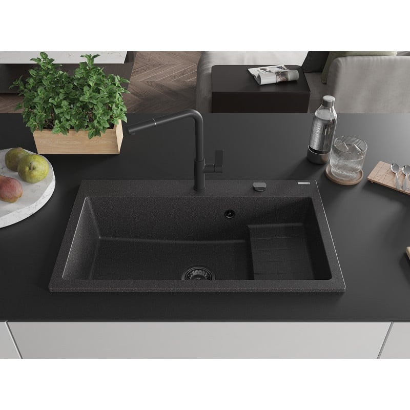 Mexen Omar évier en granit 1 bac 800 x 480 mm, noir moucheté, siphon noir - 6520801005-76-B