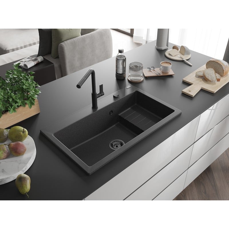 Mexen Omar évier en granit 1 bac 800 x 480 mm, noir moucheté, siphon noir - 6520801005-76-B