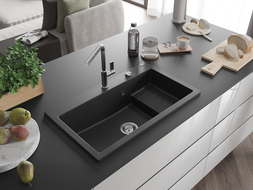 Mexen Omar Évier en granit à 1 bac 800 x 480 mm, noir, siphon chromé - 6520801005-77